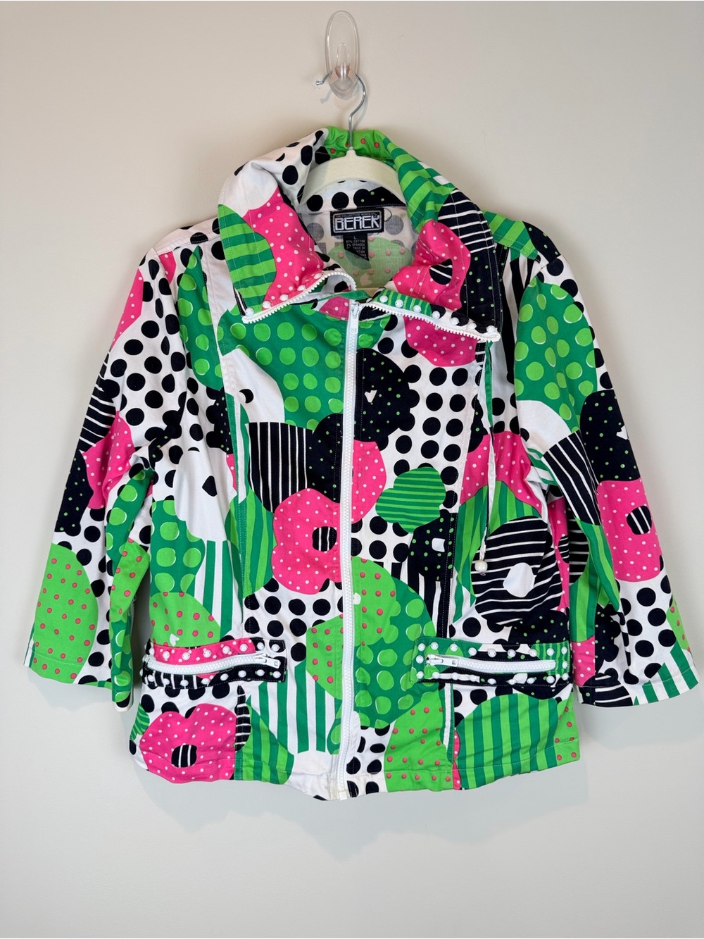 berek Women’s Floral-Polka Pink & Green & Black 3/4 Sleeve Jacket Large
